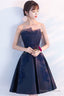 Dark Blue Lace Satin Short Prom Dress, Blue Cocktail Dress