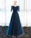 Dark Blue Lace Tulle Long Prom Dress, Lace Prom Dress