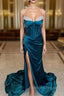 Dark Blue Mermaid Satin Spaghetti Straps Beading Prom Dress