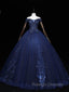 Dark Blue Off Shoulder Tulle Lace Long Prom Gown Blue Sweet 16 Dresses With Beading Sequin
