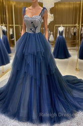 Dark blue tulle lace long prom dress, blue tulle formal dress