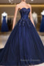 Dark Blue Tulle Lace Princess Dress, A-Line Strapless Long Prom Dress