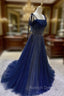 Dark Blue Tulle Sequin Long Prom Dress, Blue Tulle Formal Dress