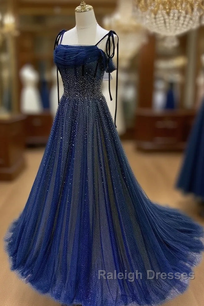 Dark Blue Tulle Sequin Long Prom Dress, Dark Blue Evening Dress
