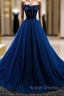 Dark Blue Tulle Velvet Beading Strapless Prom Dress