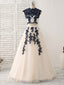 Dark Blue Two Pieces Lace Tulle Long Prom Dress Blue Prom Dress