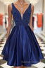 Dark blue v neck beads satin short prom Dresses blue homecoming Dresses