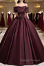 Dark Burgundy Satin Off the Shoulder Flower Prom Dress