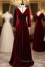 Dark Burgundy Velvet High Neck Long Sleeve Prom Dress