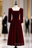 Dark Burgundy Velvet Square Half Sleeve Tea Length Prom Dress