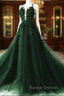 Dark Green A Line Open Back Tulle Lace Floral Formal Dress, Green Long Prom Dress