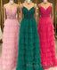 Dark Green A Line Tiered Tulle Prom Dresses Long with Lace