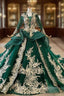 Dark Green Ball Gown Tulle Appliques V-neck Long Sleeve Wedding Dress