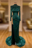 Dark Green Beadings Pearl Long Sleeves Prom Gowns Mermaid Prom Dresses With Slit