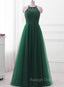 Dark Green Cross Back Tulle Halter Long Prom Dresses A Line Junior Prom Dresses