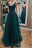 Dark Green Lace Beaded Long Prom Dresses, V Neck Backless Evening Dresses