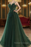 Dark Green Long Beaded A Line Prom Dress, Green Prom Dress