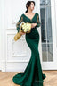 Dark Green Long Sleeve Beading Appliques Mermaid Prom Dress
