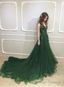 Dark Green Low Back Beaded Lace V Neckline Prom Dress A Line Prom Dress Floor Length