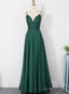Dark Green Satin Straps V-Neckline A-Line Party Dresses, Green Evening Long Prom Dress