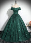Dark Green Sequins Off Shoulder Ball Gown Prom Dress, Dark Green Formal Dress