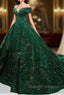 Dark Green Sequins Off Shoulder Ball Gowns Sweet 16 Dress, Dark Green Prom Dress