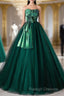 Dark Green Strapless Tulle Long Prom Dress, Beautiful A-Line Formal Evening Dress