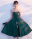 Dark Green Tea Length Satin Bridesmaid Dress, Floral Party Dress