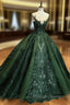 Dark Green Tulle Ball Gowns Formal Dress Shiny Tulle Lace Sweet 16 Dresses prom dresses shops