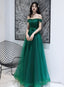 Dark Green Tulle Beaded Off Shoulder Long Party Dresses, A-Line Long Evening Dresses