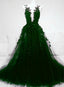 Dark Green Tulle With Lace Deep Neckline Backless Prom Dresses Dark Green Prom Dresses