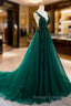 Dark Green V Neckline Lace Long Beaded Prom Dresses Dark Green Prom Dresses
