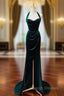 Dark Green Velvet Long Prom Dresseses A Line Green Bridesmaid Dresses