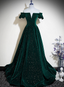Dark Green Velvet Off Shoulder Long Prom Dresses Green A-Line Prom Dresses