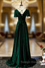 Dark Green Velvet Short Sleeve Open Back Beading Prom Dress