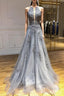 Dark Grey Halter Backless Tulle with Lace Party Dress A-line Grey Formal Dress prom dresses shops