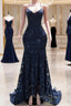 Dark Navy Blue Prom Dresses Sequins Mermaid Tulle Long Prom Dresses Spaghetti Straps