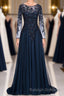 Dark Navy Long A Line Jewel Tulle Prom Dress with Sleeves