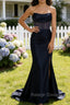 Dark Navy Mermaid Strapless Pleated Corset Long Prom Dress with Slit