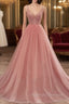 Dark Pink Sequins V Neckline Straps Long Prom Dress, Tulle Pink Prom Dress
