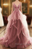 Dark Pink V-Neck Tulle Lace Prom Dresses Spaghetti Strap Prom Dresses Ruffle A-Line Prom Dresses