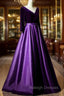 Dark Purple Long Sleeves V-neckline Velvet and satin Long Party Dress, Long Evening Dress Prom Dress