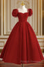 Dark Red Beaded Short Sleeves Tea Length Party Dress, Dark Red Formal Dress Prom Dress