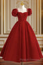 Dark Red Beaded Short Sleeves Tea Length Prom Dresses Dark Red Prom Dresseses
