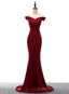 Dark Red Mermaid Satin Long Prom Dress, Off Shoulder Prom Dress