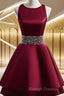 Dark Red Satin Short Two Layered Homecoming Dresses O-Neckline Prom Dresses Short Prom Dresses