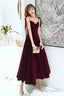 Dark Red Straps Velvet Elegant Tea Length Bridesmaid Dresses Burgundy Prom Dresseses