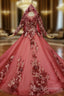 Dark Red Tulle Embroidery Appliques Long Sleeve Wedding Dress