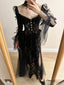 Dark Vintage Black Long Sleeve High-Slit Lace Tulle Formal Prom Dress