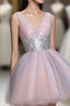 Cute Pink V Neck Tulle Seqsuins Short Prom Dress, Cocktail Dress